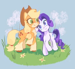 Size: 2048x1888 | Tagged: safe, artist:starl1ght11q, applejack, rarity, earth pony, pony, unicorn, g4, applejack's hat, cowboy hat, cute, duo, duo female, female, flower, freckles, hat, horn, jackabetes, lesbian, mare, raribetes, ship:rarijack, shipping, unshorn fetlocks