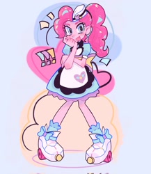 Size: 1778x2048 | Tagged: safe, artist:starl1ght11q, pinkie pie, human, equestria girls, g4, abstract background, clothes, cute, diapinkes, dress, female, roller skates, server pinkie pie, skates, solo