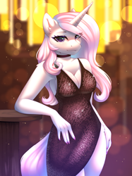 Size: 1662x2217 | Tagged: safe, artist:alphadesu, fleur-de-lis, unicorn, anthro, g4, bedroom eyes, big breasts, blurry background, breasts, busty fleur-de-lis, choker, cleavage, clothes, dress, eye clipping through hair, eyelashes, female, hip fluff, horn, leaning, leg fluff, looking at you, miss fleur is trying to seduce us, nail polish, pink nail polish, shoulder fluff, side slit, sideboob, smiling, smiling at you, solo, stupid sexy fleur-de-lis