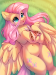 Size: 1662x2217 | Tagged: safe, artist:alphadesu, fluttershy, insect, moth, pegasus, pony, g4, belly button, both cutie marks, cheek fluff, chest fluff, cute, female, hip fluff, human shoulders, insect on hoof, insect on someone, legs together, lying down, mare, on back, open mouth, open smile, overhead view, partially open wings, shyabetes, signature, smiling, solo, tongue out, wide hips, wings