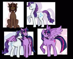 Size: 2500x2000 | Tagged: oc name needed, safe, artist:slapearl, rarity, twilight sparkle, oc, alicorn, pony, unicorn, g4, blushing, female, horn, hug, lesbian, mare, ship:rarilight, shipping, sitting, snaggletooth, spread wings, trio, twilight sparkle (alicorn), winghug, wings