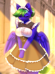 Size: 1662x2217 | Tagged: safe, artist:alphadesu, oc, oc only, oc:aqua grass, pegasus, anthro, anthro oc, breasts, clothes, eyes closed, female, maid, pegasus oc, solo, wings