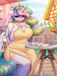 Size: 1662x2217 | Tagged: safe, artist:alphadesu, princess celestia, alicorn, anthro, g4, alicorn metabolism, big breasts, bill, blushing, breasts, busty princess celestia, cake, cakelestia, cheek fluff, chubby, cleavage, clothes, cute, cutelestia, dress, ear fluff, embarrassed, female, fingers together, floppy ears, food, huge breasts, implied stuffing, looking away, nervous, nervous smile, plate, ponyville, shoulder fluff, side slit, sitting, smiling, solo, wavy mouth, wide hips