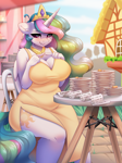 Size: 1662x2217 | Tagged: safe, artist:alphadesu, princess celestia, alicorn, anthro, g4, alicorn metabolism, big breasts, bill, blushing, breasts, busty princess celestia, cake, cakelestia, cheek fluff, chubby, cleavage, clothes, cute, cutelestia, dress, ear fluff, embarrassed, female, fingers together, floppy ears, food, huge breasts, looking away, nervous, nervous smile, plate, ponyville, shoulder fluff, side slit, sitting, smiling, solo, wavy mouth, wide hips