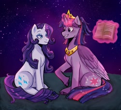 Size: 1600x1450 | Tagged: safe, artist:slapearl, rarity, twilight sparkle, alicorn, pony, unicorn, g4, blushing, book, female, horn, lesbian, looking at each other, looking at someone, magic, mare, peytral, ship:rarilight, shipping, sitting, starry night, telekinesis, twilight sparkle (alicorn), unshorn fetlocks