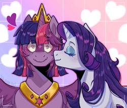 Size: 2000x1700 | Tagged: safe, artist:slapearl, rarity, twilight sparkle, alicorn, pony, unicorn, g4, abstract background, blushing, cheek kiss, coat markings, duo, eye clipping through hair, eyebrows, eyebrows visible through hair, facial markings, female, floating heart, heart, horn, jewelry, kissing, lesbian, mare, peytral, regalia, ship:rarilight, shipping, spread wings, star (coat marking), swirly eyes, twilight sparkle (alicorn), wingding eyes, wings