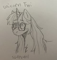Size: 2721x2854 | Tagged: safe, artist:slapearl, twilight sparkle, pony, unicorn, g4, alternate design, black and white, blushing, chest fluff, coat markings, eyebrows, eyebrows visible through hair, facial markings, female, glasses, grayscale, mare, monochrome, simple background, sketch, solo, star (coat marking), traditional art, unicorn twilight, white background