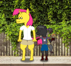 Size: 848x792 | Tagged: safe, artist:shrimpbucket, oc, oc only, oc:blood stain, oc:twister pop, anthro, unguligrade anthro, button-up shirt, candy, clothes, duo, food, holding hands, khakis, lollipop, overall shorts, ponytail, shirt