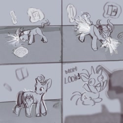 Size: 1440x1440 | Tagged: safe, artist:505p0ni, oc, oc only, oc:fritz storm, pony, unicorn, black and white, comic, female, filly, foal, grayscale, horn, magic, monochrome, pigtails, solo, telekinesis