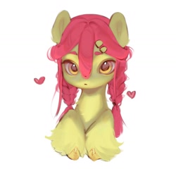 Size: 1440x1440 | Tagged: safe, artist:505p0ni, apple bloom, earth pony, pony, g4, braid, female, floating heart, hairclip, heart, mare, pigtails, simple background, solo, unshorn fetlocks, white background