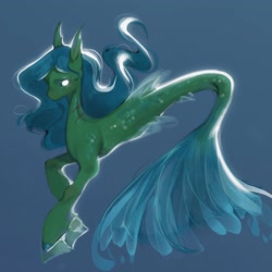 Size: 2283x2283 | Tagged: safe, artist:505p0ni, oc, oc only, merpony, pony, seapony (g4), blue background, blue mane, blue tail, dorsal fin, female, fin, fin wings, fins, fish tail, floppy ears, flowing mane, flowing tail, gills, mare, mermay, ocean, scales, simple background, solo, swimming, tail, underwater, water, white eyes, wings