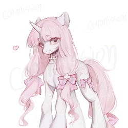 Size: 1440x1440 | Tagged: safe, artist:505p0ni, oc, oc only, pony, unicorn, bow, choker, clothes, commission, eyebrows, eyebrows visible through hair, female, hair bow, horn, mare, simple background, socks, solo, watermark, white background