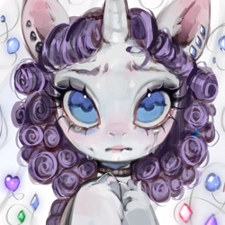 Size: 2048x2048 | Tagged: safe, artist:505p0ni, rarity, pony, unicorn, g4, abstract background, alternate hairstyle, choker, crying, curly mane, ear piercing, earring, female, horn, jewelry, mare, piercing, solo, unshorn fetlocks