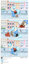Size: 2112x4624 | Tagged: safe, artist:vinilyart, coco pommel, earth pony, pony, g4, 3 panel comic, bag, boots, city, clothes, comic, eyes closed, female, high res, mare, outdoors, saddle bag, shoes, sitting, smiling, solo focus, speech bubble, sweater, tail