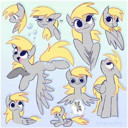 Size: 2500x2500 | Tagged: safe, artist:syrupyyy, derpy hooves, pegasus, pony, g4, blushing, bubble, derp, female, folded wings, looking up, mare, multeity, open mouth, question mark, smiling, solo, spread wings, thought bubble, unstoppable force of derp, wings