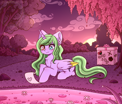 Size: 1236x1050 | Tagged: safe, artist:idleness_mallow, oc, oc only, oc:akira rouds, alicorn, butterfly, pony, alicorn oc, bush, commission, crying, eyes open, female, gift art, horn, lake, mare, paper, solo, sunset, tower, tree, water, wings