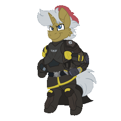 Size: 1500x1500 | Tagged: safe, artist:euspuche, oc, oc only, oc:brassjack, unicorn, animated, bipedal, gif, helldivers 2, horn, simple background, solo, transparent background