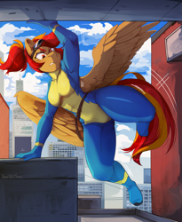 Size: 2457x3000 | Tagged: safe, artist:hakkids2, oc, oc only, oc:primepeak, pegasus, anthro, unguligrade anthro, action pose, anthro oc, armpits, belly button, blush lines, blushing, bodysuit, breasts, building, city, clothes, colored, colored eyebrows, colored pinnae, concave belly, day, derp, detailed background, eyelashes, featured image, female, frown, goggles, goggles on head, high res, motion lines, muscles, muscular female, narrowed eyes, one wing out, outdoors, parkour, partially open wings, pegasus oc, ribcage, shading, signature, skyscraper, solo, sternocleidomastoid, teeth, thighs, thunder thighs, uniform, wide hips, wings, wonderbolts uniform