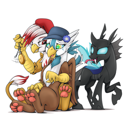 Size: 3070x3070 | Tagged: safe, artist:mysticalpha, oc, oc:gina, oc:glory, changeling, griffon, pony, hypnosis, pendulum swing, pocket watch