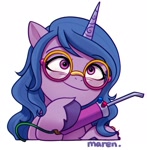 Size: 1144x1170 | Tagged: safe, artist:maren, izzy moonbow, pony, unicorn, g5, cute, female, glasses, horn, izzybetes, mare, simple background, smiling, solo, welding