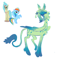 Size: 1302x1340 | Tagged: safe, artist:webkinzworldz, part of a set, princess skystar, rainbow dash, oc, oc:spindrift, classical hippogriff, hippogriff, pony, g4, beak, blue tail, cheek fluff, chest fluff, coat markings, colored wings, colored wingtips, curly tail, dashstar, eyebrows, eyebrows visible through hair, female, folded wings, gradient hair, gradient legs, gradient wings, green coat, green eyes, green feathers, interspecies offspring, large wings, leg fluff, leonine tail, lesbian, lidded eyes, long legs, looking back, magical lesbian spawn, next generation, offspring, parents:dashstar, profile, raised eyebrow, shipping, simple background, slender, smiling, socks (coat markings), spots, spotted, standing, tail, teal eyes, thin, thin legs, trio, two toned wings, vector, white background, wingding eyes, wings