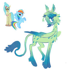 Size: 1302x1340 | Tagged: safe, artist:peaceandlove26, part of a set, princess skystar, rainbow dash, oc, oc:spindrift, classical hippogriff, hippogriff, pony, g4, beak, blue tail, cheek fluff, chest fluff, coat markings, colored wings, colored wingtips, curly tail, dashstar, eyebrows, eyebrows visible through hair, female, folded wings, gradient hair, gradient legs, gradient wings, green coat, green eyes, green feathers, interspecies offspring, large wings, leg fluff, leonine tail, lesbian, lidded eyes, long legs, looking back, magical lesbian spawn, next generation, offspring, parents:dashstar, profile, raised eyebrow, shipping, simple background, slender, smiling, socks (coat markings), spots, spotted, standing, tail, teal eyes, thin, thin legs, trio, two toned wings, vector, white background, wingding eyes, wings