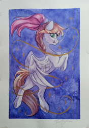 Size: 2792x4000 | Tagged: safe, artist:jsunlight, oc, oc:sunny way, pegasus, pony, looking back, partially open wings, passepartout, signature, solo, tongue out, traditional art, underhoof, watercolor painting, wings