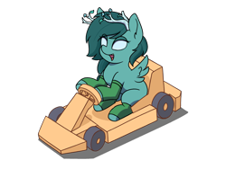 Size: 2800x2100 | Tagged: safe, artist:potatocat88, oc, oc only, oc:river styx, deer, deer pony, original species, peryton, pony, blank eyes, cardboard, clothes, commission, female, go kart, go-kart, leaf, leg warmers, mare, mushroom, open mouth, simple background, solo, spread wings, transparent background, vehicle, wings, ych result
