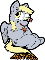 Size: 1620x2160 | Tagged: safe, artist:felixmcfurry, derpy hooves, pegasus, pony, :p, exclamation point, female, food, interrobang, muffin, question mark, simple background, solo, text, that pony sure does love muffins, tongue out, transparent background