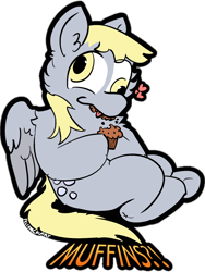 Size: 1620x2160 | Tagged: safe, artist:felixmcfurry, derpy hooves, pegasus, pony, g4, :p, exclamation point, female, food, interrobang, muffin, question mark, simple background, solo, text, that pony sure does love muffins, tongue out, transparent background