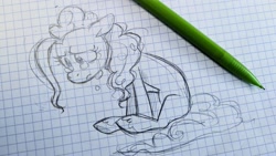 Size: 2048x1152 | Tagged: safe, artist:imalou, pinkie pie, earth pony, pony, g4, crying, female, mare, paper, pencil, pencil drawing, photo, sad, sitting, sketch, solo, teary eyes, traditional art