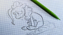 Size: 2048x1152 | Tagged: safe, artist:imalou, pinkie pie, earth pony, pony, g4, crying, female, graph paper, mare, paper, pencil, pencil drawing, photo, sad, sitting, sketch, solo, teary eyes, traditional art