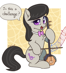 Size: 1642x1827 | Tagged: safe, artist:puetsua, octavia melody, earth pony, pony, g4, bowtie, cheek fluff, chest fluff, cute, dialogue, ear fluff, erhu, female, hoof hold, looking at you, mare, music notes, musical instrument, octavia's bowtie, open mouth, open smile, sitting, smiling, smiling at you, solo, speech bubble, tail, tavibetes