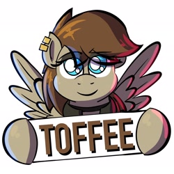 Size: 1920x1920 | Tagged: safe, artist:ashtoneer, oc, oc only, oc:toffee scotch, pegasus, pony, bust, eye clipping through hair, eyebrows, eyebrows visible through hair, female, hoof hold, lidded eyes, looking at you, mare, rule 63, sign, simple background, smiling, smiling at you, solo, spread wings, white background, wings