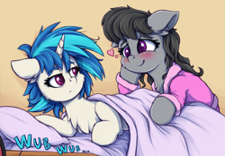 Size: 900x628 | Tagged: safe, artist:zeepheru_pone, artist:zeepherupone, dj pon-3, octavia melody, vinyl scratch, earth pony, pony, unicorn, g4, atg 2023, blanket, blushing, chest fluff, duo, duo female, ear fluff, female, heart, heart eyes, horn, lesbian, looking at each other, looking at someone, lying down, mare, newbie artist training grounds, pillow, ship:scratchtavia, shipping, simple background, smiling, wingding eyes