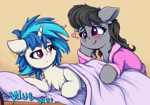 Size: 900x628 | Tagged: safe, artist:zeepheru_pone, dj pon-3, octavia melody, vinyl scratch, earth pony, pony, unicorn, g4, atg 2023, blanket, blushing, chest fluff, cute, duo, duo female, ear fluff, female, heart, heart eyes, horn, lesbian, looking at each other, looking at someone, lying down, mare, newbie artist training grounds, pillow, ship:scratchtavia, shipping, simple background, smiling, tavibetes, vinylbetes, wingding eyes