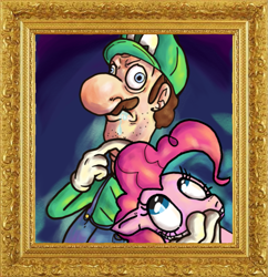 Size: 1303x1348 | Tagged: safe, artist:jawslocks03, pinkie pie, earth pony, human, pony, g4, clothes, derp, drool, facial hair, faic, gloves, hat, luigi, mama luigi, moustache, picture frame, plumber, retarded, super mario, suspenders