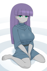 Size: 1781x2721 | Tagged: safe, artist:batipin, maud pie, human, equestria girls, g4, barefoot, breasts, busty maud pie, clothes, dress, feet, female, looking at you, missing accessory, missing shoes, solo, toenails, toes