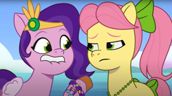 Size: 1674x932 | Tagged: safe, screencap, pipp petals, posey bloom, earth pony, pegasus, pony, g5, my little pony: tell your tale, p + p = bffs, spoiler:g5, spoiler:my little pony: tell your tale, spoiler:tyts02e13, bracelet, duo, female, friendship bracelet, jewelry, lip bite, mare, sad