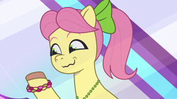 Size: 3300x1856 | Tagged: safe, screencap, posey bloom, earth pony, pony, g5, my little pony: tell your tale, p + p = bffs, spoiler:g5, spoiler:my little pony: tell your tale, spoiler:tyts02e13, female, forced smile, mare, smiling, solo, wavy mouth