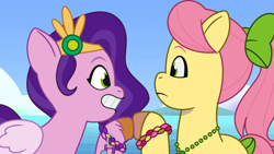 Size: 1920x1080 | Tagged: safe, screencap, pipp petals, posey bloom, earth pony, pegasus, pony, g5, my little pony: tell your tale, p + p = bffs, spoiler:g5, spoiler:my little pony: tell your tale, spoiler:tyts02e13, bracelet, duo, duo female, female, friendship bracelet, grin, hooves together, jewelry, looking at each other, looking at someone, mare, smiling