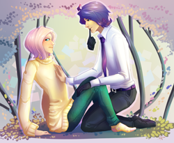 Size: 1930x1586 | Tagged: safe, artist:natanatfan, fluttershy, rarity, human, butterscotch, cherry blossoms, clothes, elusive, flower, flower blossom, gay, gloves, hand on chest, humanized, kneeling, lip bite, looking sideways, male, mouth hold, necktie, rule 63, ship:buttersive, ship:flarity, shipping, sitting, socks, sweater