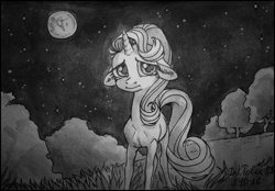 Size: 997x694 | Tagged: safe, artist:natanatfan, starlight glimmer, pony, unicorn, g4, female, floppy ears, grayscale, horn, inktober, inktober 2016, mare, monochrome, moon, night, sad, solo, teary eyes, traditional art