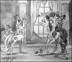 Size: 893x778 | Tagged: safe, artist:natanatfan, rarity, sweetie belle, pony, unicorn, confused, female, grayscale, grin, horn, inktober, inktober 2016, levitation, looking around, magic, mare, monochrome, question mark, shrunken pupils, smiling, telekinesis, thread, traditional art