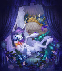 Size: 2160x2477 | Tagged: safe, artist:natanatfan, oc, oc only, oc:netori, alicorn, pony, alicorn oc, bed, curtains, curved horn, flower, flower in mouth, grin, high res, horn, jewelry, looking at you, lying down, male, mouth hold, on back, smiling, stallion, tentacles, unshorn fetlocks, wings