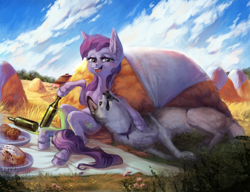 Size: 2598x2000 | Tagged: safe, artist:natanatfan, oc, oc only, oc:cork dork, dog, earth pony, husky, pony, bottle, food, hay, haystack, high res, looking at you, muffin, open mouth, picnic, picnic blanket, pie, scenery, sitting, smiling, solo, wine bottle