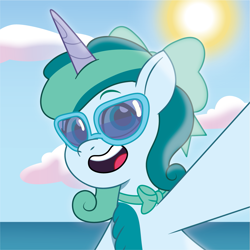 Size: 1201x1201 | Tagged: safe, artist:prixy05, oc, oc:prixy, pony, unicorn, g5, my little pony: tell your tale, bow, female, hair bow, horn, mare, neck bow, open mouth, selfie, solo, sun, sunglasses