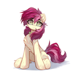 Size: 3906x4096 | Tagged: safe, artist:jfrxd, roseluck, earth pony, pony, g4, chest fluff, collar, eyebrows, eyebrows visible through hair, female, flower, looking at you, looking up, mare, rose, rosepet, simple background, sitting, smiling, solo, white background