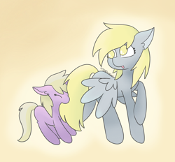 Size: 3598x3346 | Tagged: safe, artist:tkshoelace, derpy hooves, dinky hooves, pegasus, pony, unicorn, g4, duo, duo female, ear fluff, eyes closed, female, filly, floppy ears, foal, horn, looking at someone, mare, mother and child, mother and daughter, open mouth, raised hoof, simple background, spread wings, wings, wings down