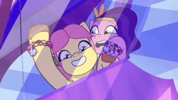 Size: 480x270 | Tagged: safe, screencap, pipp petals, posey bloom, earth pony, pegasus, pony, g5, my little pony: tell your tale, p + p = bffs, spoiler:g5, spoiler:my little pony: tell your tale, spoiler:tyts02e13, animated, boardtrot, duo, duo female, female, ferris wheel, gif, mare, posey bloom is amused